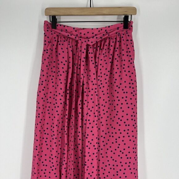 J Peterman Maxi Skirt Size 4 Pink Navy Polka Dot Print A Line Retro Tie Waist - Picture 2 of 8